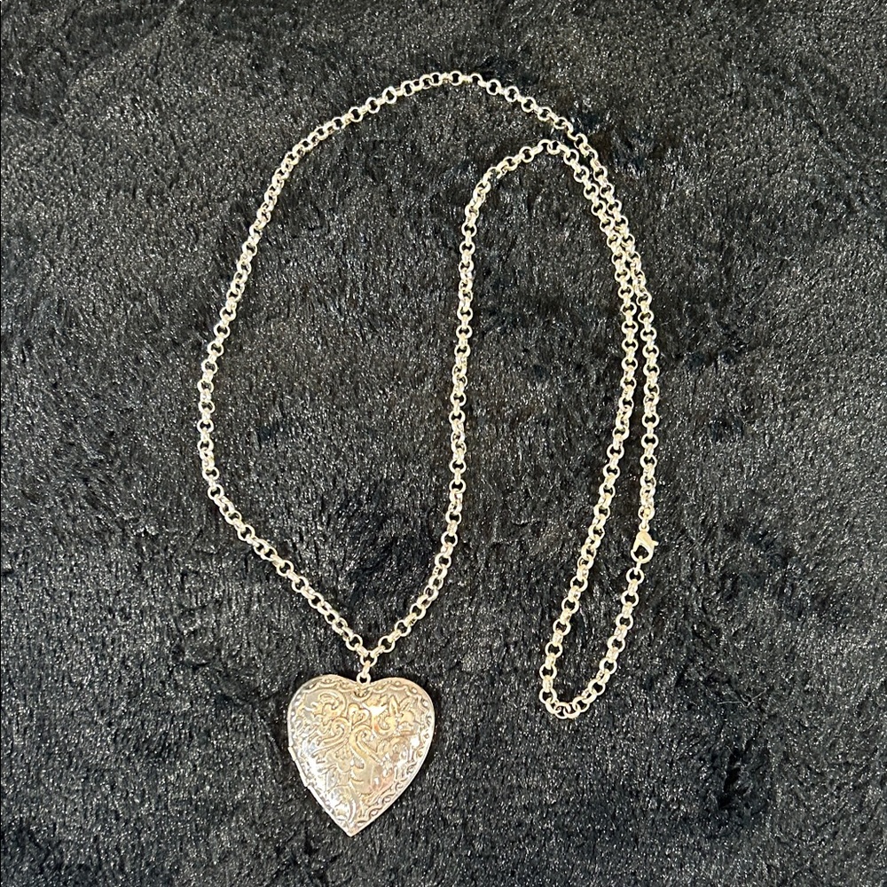 Avon Silver-Tone Heart Locket Necklace with Floral Etching